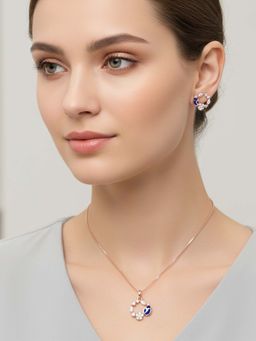 I Jewels - Rose Gold Plated Blue American Diamond-Studded Necklace and Earrings