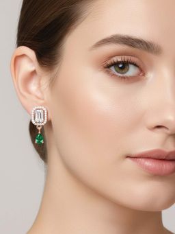 I Jewels - Rose Gold Plated Green Ad Studded Drop Earrings for Women