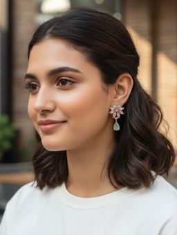 I Jewels - Rose Gold Plated Green Ad Studded Floral Drop Earrings for Women