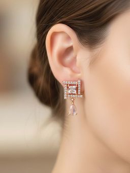 I Jewels - Rose Gold Plated Pink Ad Studded Drop Earrings for Women