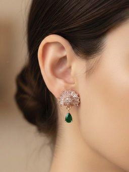 I Jewels - Rose Gold Plated Green Ad Studded Floral Drop Earrings for Women