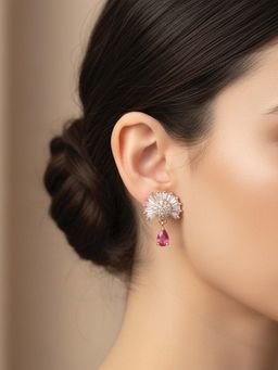 I Jewels - Rose Gold Plated Pink Ad Studded Floral Drop Earrings for Women