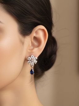 I Jewels - Silver Plated Blue Ad Studded Floral Drop Earrings for Women