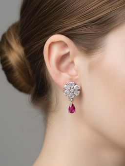 I Jewels - Silver Plated Pink Ad Studded Floral Drop Earrings for Women