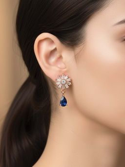 I Jewels - Rose Gold Plated Blue Ad Studded Floral Drop Earrings for Women
