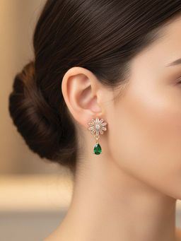 I Jewels - Rose Gold Plated Green Ad Studded Floral Drop Earrings for Women