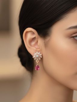 I Jewels - Rose Gold Plated Pink Ad Studded Floral Drop Earrings for Women