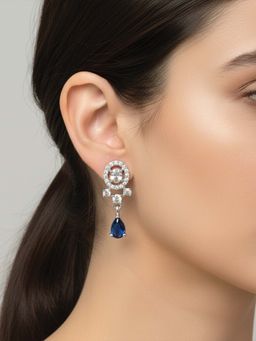 I Jewels - Silver Plated Blue Ad Studded Drop Earrings for Women