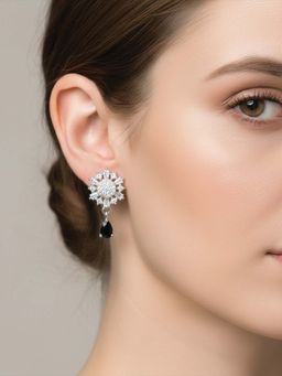 I Jewels - Silver Plated Black Ad Studded Drop Earrings for Women