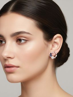 I Jewels - Rose Gold Plated Blue Ad Studded Floral Stud Earrings for Women