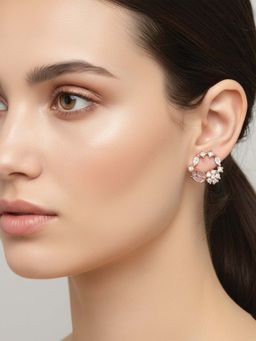 I Jewels - Rose Gold Plated Pink Ad Studded Floral Stud Earrings for Women