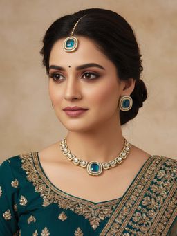 I Jewels - Blue Gold Plated Kundan Studded Jewellery Set for Women