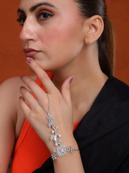 Silvermerc Designs - Silver Plated American Diamond Hathphool Bracelet for Women