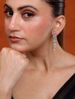 Silvermerc Designs - Silver-Toned Floral Cz Long Drop Earrings