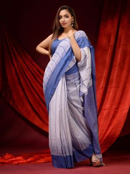 CHARUKRITI - White and Cobalt Blue Cotton Handspun Woven Patterns Saree with Unstitched Blouse