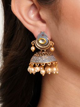 Karatcart - Antique Gold Plated Polki Kundan Studded Grey Meena Jhumki Earrings for Women