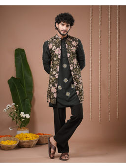 AHI Clothing - Olive Green Heavy Kurta with Sheer Jacket and Pant Set