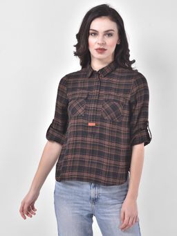 Latin Quarters - Brown 3/4 Sleeve Check Printed Blouse