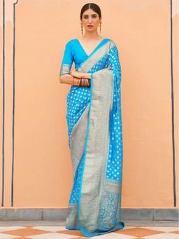 Odette - Women Nylon Turquoise Woven Design Saree with Unstitched Blouse