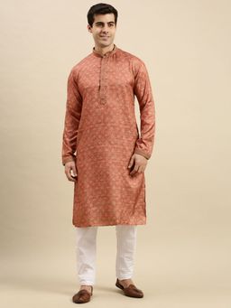 Sanwara - Mens Rust Woven Long Sleeve Art Silk Elegant Kurta with Pyjama (Set of 2)