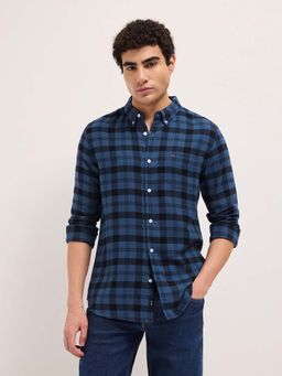 The Bear House - Men's Blue Slim Fit Checked Cotton Casual Shirt