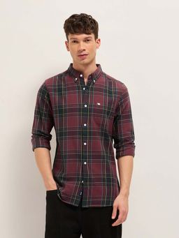 The Bear House - Men's Maroon Slim Fit Checked Cotton Casual Shirt