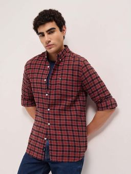 The Bear House - Men's Red Slim Fit Checked Cotton Casual Shirt