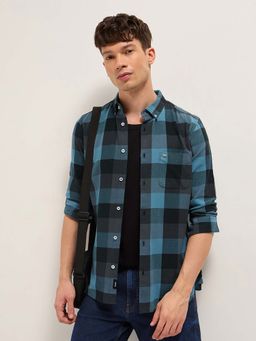 The Bear House - Men's Blue Slim Fit Checked Cotton Casual Shirt