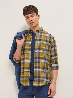 The Bear House - Men's Mustard Slim Fit Checked Cotton Casual Shirt
