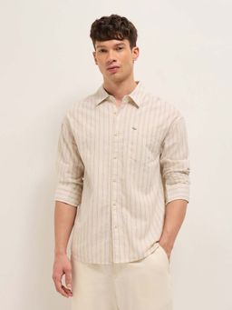 The Bear House - Men's Beige Relaxed Fit Striped Casual Shirt