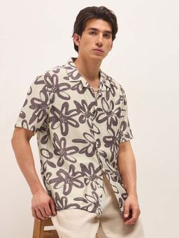 The Bear House - Men's Beige Relaxed Fit Floral Print Casual Shirt