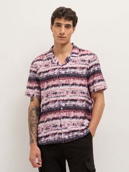 The Bear House - Men's Pink Relaxed Fit Printed Casual Shirt
