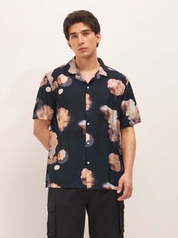 The Bear House - Men's Black Relaxed Fit Digital Print Casual Shirt