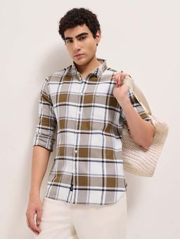 The Bear House - Men's White Slim Fit Checked Cotton Casual Shirt