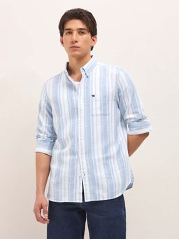 The Bear House - Men's White Slim Fit Striped Cotton Casual Shirt