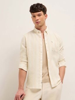 The Bear House - Men's Beige Slim Fit Striped Casual Shirt