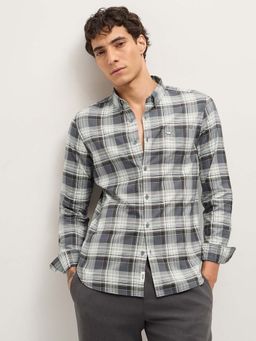 The Bear House - Men's Grey Slim Fit Checked Cotton Casual Shirt
