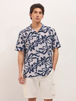 The Bear House - Men's Grey Relaxed Fit Floral Print Casual Shirt