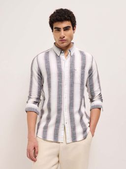 The Bear House - Men's White Slim Fit Striped Cotton Casual Shirt