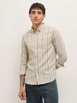 The Bear House - Men's Beige Slim Fit Striped Casual Shirt