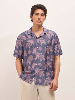 The Bear House - Men's Purple Relaxed Fit Floral Print Casual Shirt