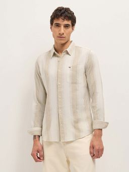 The Bear House - Men's Cream Slim Fit Striped Casual Shirt