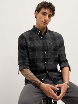 The Bear House - Men's Black Slim Fit Checked Cotton Casual Shirt