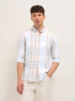 The Bear House - Men's White Slim Fit Checked Cotton Casual Shirt