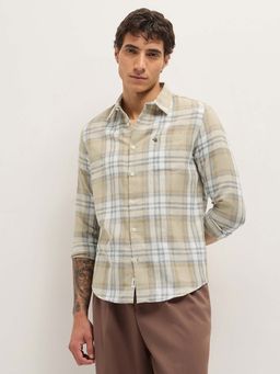 The Bear House - Men's Beige Slim Fit Checked Casual Shirt