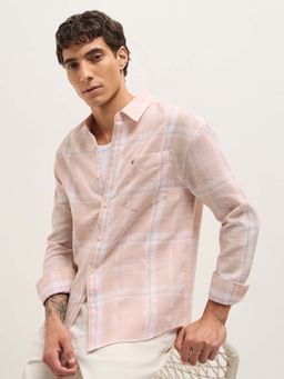 The Bear House - Men's Peach Relaxed Fit Checked Casual Shirt