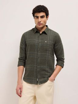 The Bear House - Men's Olive Slim Fit Checked Cotton Casual Shirt