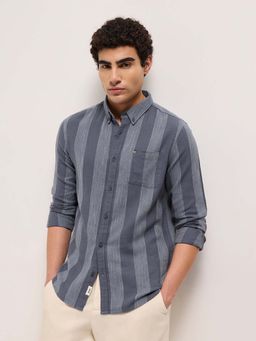 The Bear House - Men's Blue Slim Fit Striped Cotton Casual Shirt