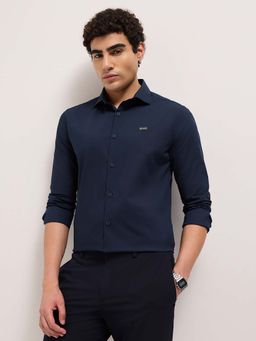 The Bear House - Men's Navy Blue Tailored Fit Solid Cotton Formal Shirt