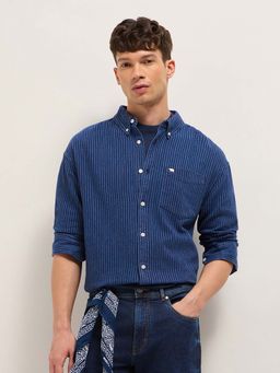 The Bear House - Men's Blue Relaxed Fit Striped Cotton Casual Shirt